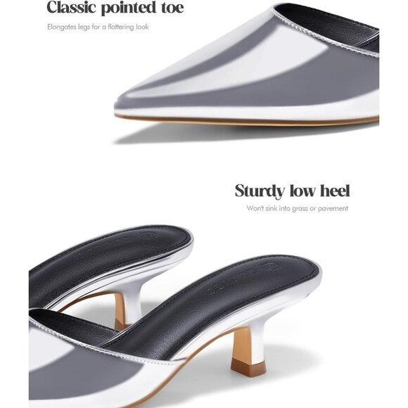 🆕 Women Silver Faux Leather Kitten Low Heels Mules Closed Toe Pumps Slip - Picture 5 of 6